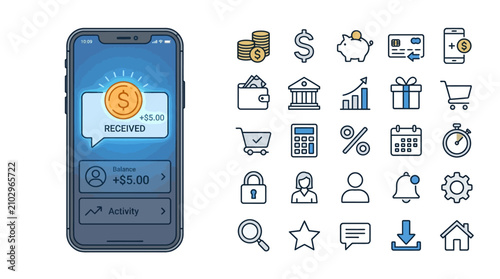 Mobile banking app with financial icons, including gold coin, currency, credit cards, and piggy bank.