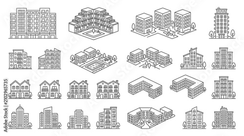 Modern Architectural Building Icons: Apartment, Condo & Residential Facades