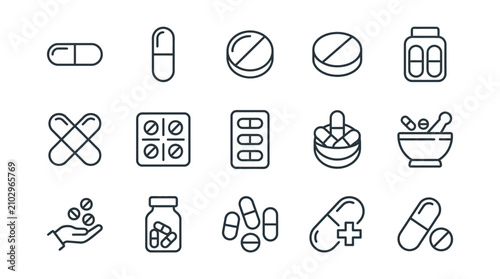 Medical Pill Icons: Capsules, Tablets, Blister Packs, Mortar & Pestle