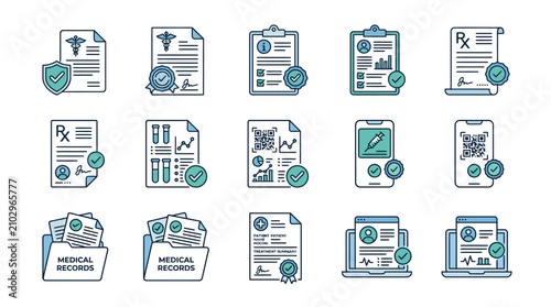 Medical Records Icons: Documents, Charts, Prescription, QR Code, Security