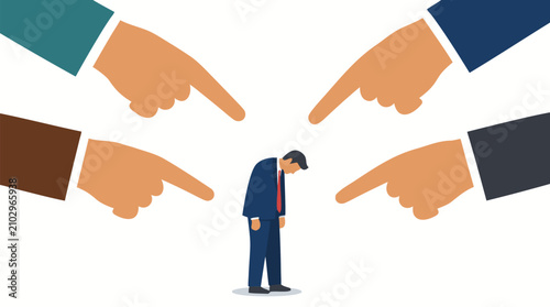 Giant Hands Pointing Down at Slumped Businessman, Corporate Blame and Accusation Concept, Workplace Pressure, Failure, Stress, Bullying and Rejection, Bold Flat Colors Vector Illustration on White