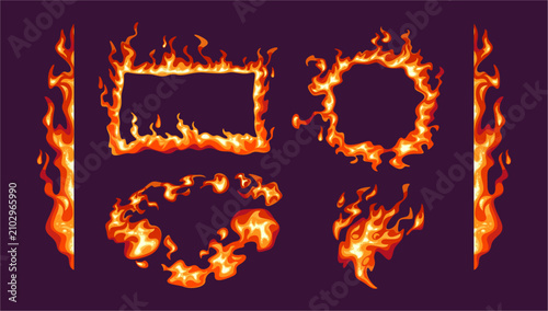 Fire in geometric flame shapes. Circle and linear, square and triangle burning elements. Structured blaze design with glowing heat and energy effects. Vector abstract ember compositions set
