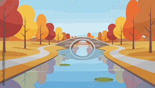 Scenic autumn park view with a classic stone arch bridge crossing a calm canal reflecting red and orange trees.