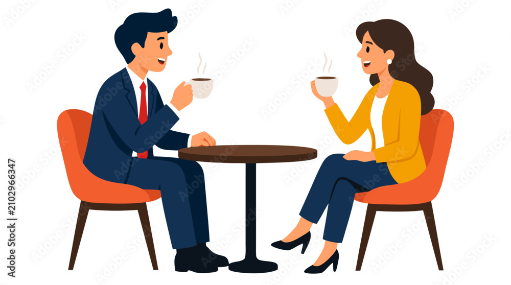 Obraz premium Business Meeting at Cafe: Professional Man and Woman in Business Suits Enjoying Coffee Conversation at Small Round Table, Steam Rising from White Cups, Casual Corporate Discussion, Friendly Colleagues