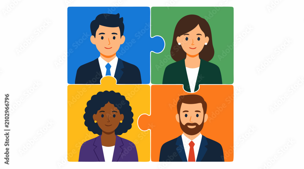 Fototapeta premium Four Interlocking Jigsaw Puzzle Pieces with Diverse Business Professionals in Formal Attire Symbolizing Teamwork Collaboration Unity and Corporate Partnership in Modern Workplace Vector Illustration