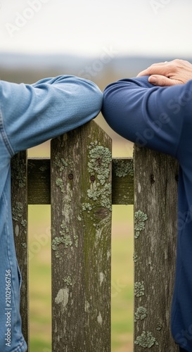 Two people leaning on wooden fence.