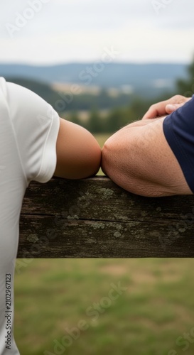 Couple resting on wooden fence outdoors.