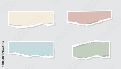 Four realistic pieces of torn colored paper in pastel tones are displayed horizontally with rough edges on a grey background.