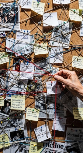 Hand pinning business card on a crowded cork board with string connections.