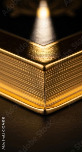 Close-up of a Luxurious Golden Book with Illuminated Pages.