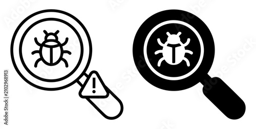 Bild auf Leinwand Bug detection icons with magnifying glass and error warning symbol in outline an