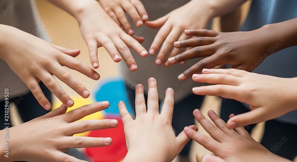 Fototapeta premium Diverse Children Hands Reaching Together in Classroom Circle