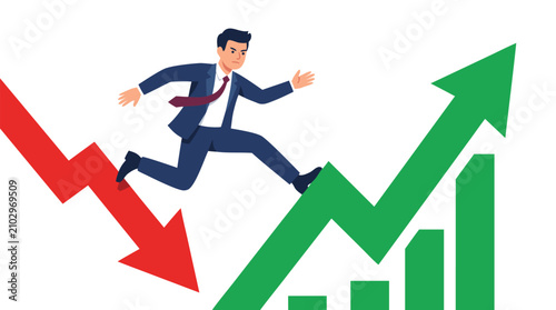 Dynamic Businessman Investor Leaping from Bearish Red Down Arrow to Bullish Green Up Growth Chart, Symbolizing Financial Recovery, Market Success, and Business Economic Prosperity After Recession