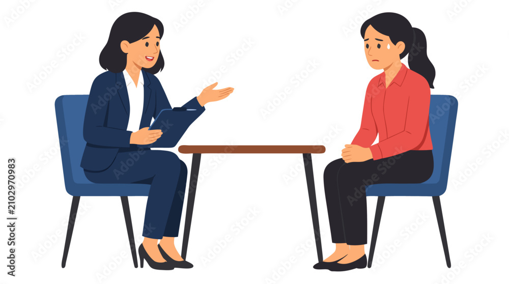 Fototapeta premium Bold Flat Color Vector Illustration of Female HR Professional Asking Interview Questions to a Nervous Female Job Candidate Across a Small Table, Modern Corporate Recruitment Scene for HR, Career and