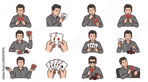 Tableau sur toile Creative Illustrated Series of a Poker Player Showing Various Card Hands and Exp