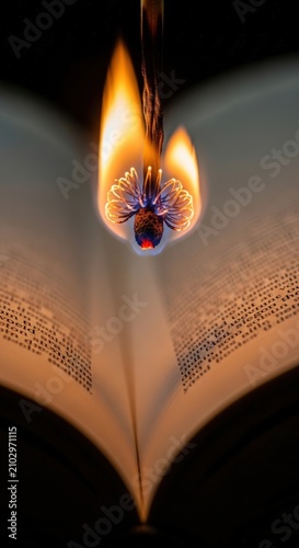 Burning book with flame on pages.