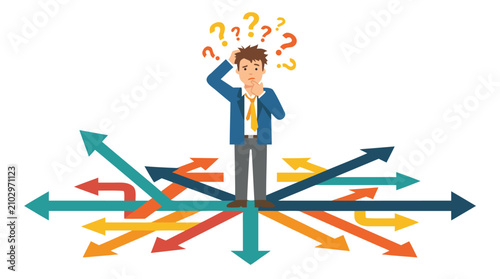 Confused Businessman Standing at Crossroads with Multiple Direction Arrows, Decision Making Concept, Strategic Planning, Career Choice, Business Strategy, Uncertainty and Options, Businessman Thinking