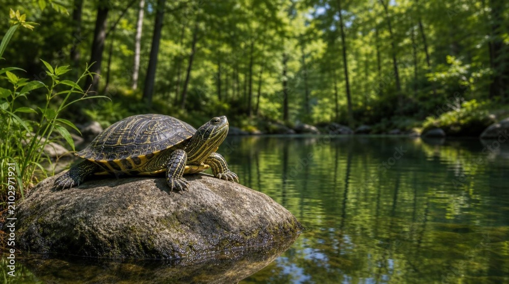 Obraz premium A freshwater turtle rests on a sunlit rock beside a clear forest stream, ideal for wildlife conservation, freshwater habitat, and outdoor education promotions.