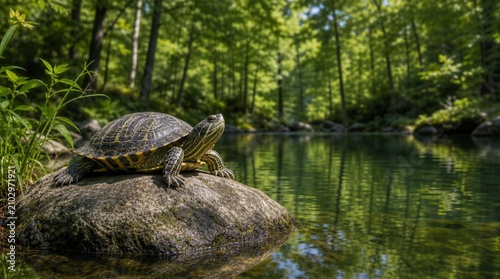 A freshwater turtle rests on a sunlit rock beside a clear forest stream, ideal for wildlife conservation, freshwater habitat, and outdoor education promotions.