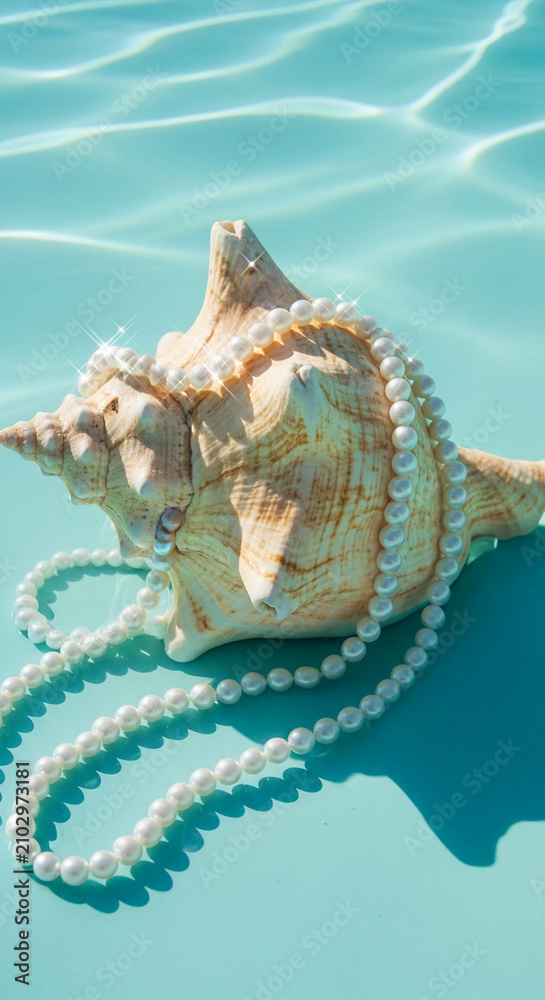 Obraz premium Seashell adorned with a pearl necklace sits in clear blue water with light reflections, symbolizing luxury, ocean treasures, and elegance