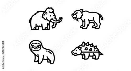 фотографія Prehistoric mammals line art icons featuring mammoth and sloth.