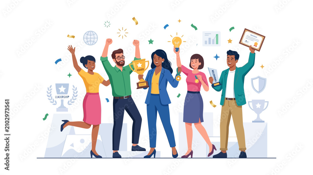 Fototapeta premium Diverse team celebrates success with trophies and confetti, stock illustration