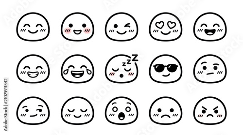 Minimalist round outline emoticon and emoji icon set.