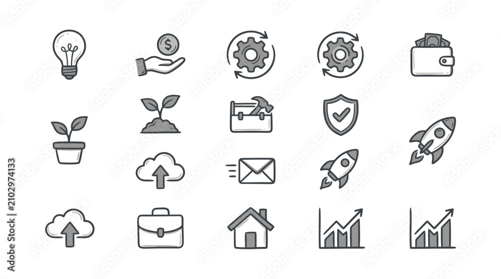 Fototapeta premium Minimalist Black and White Line Icons Set Featuring Business Finance Growth and Technology Concepts