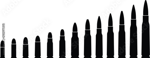 Bild auf Leinwand Bullet caliber size comparison silhouette vector illustration featuring various types of rifle and handgun ammunition chart isolated on white background
