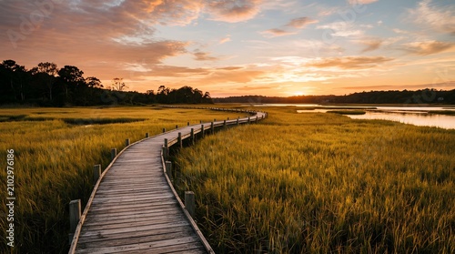 A winding wooden boardwalk crosses a golden coastal marsh beside calm water at sunset, suited for travel, nature, conservation, or peaceful retreat promotions.