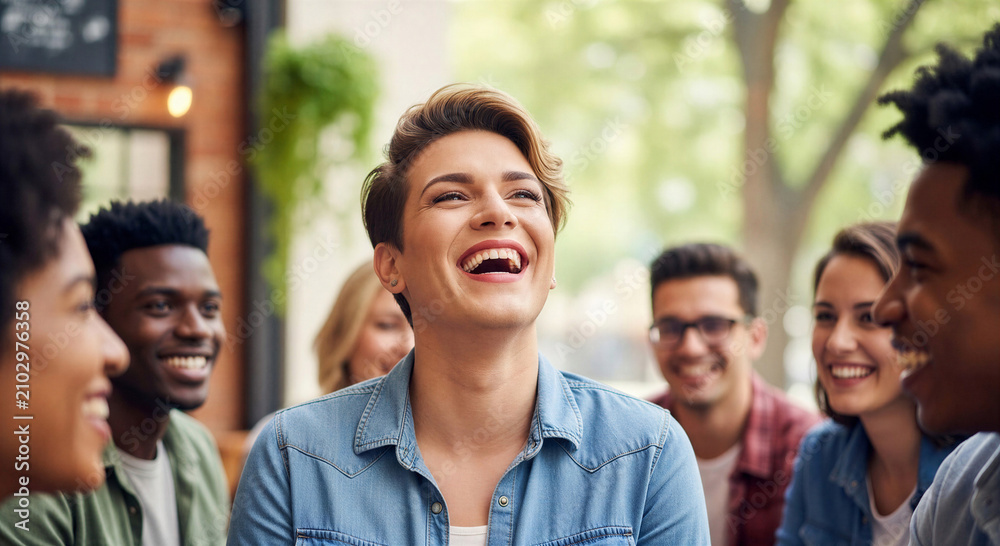 Fototapeta premium Group of friends laughing and enjoying conversation in cafe outdoors 
