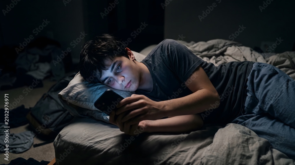 Obraz premium Young person using smartphone in dark bedroom late at night.