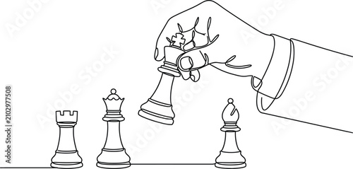 Photos Hand moving chess king piece continuous line drawing vector illustration featuring rook, queen, and bishop pieces isolated on white background
