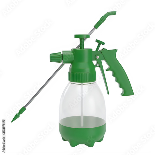 Green garden sprayer bottle with nozzle for plants isolated on white background