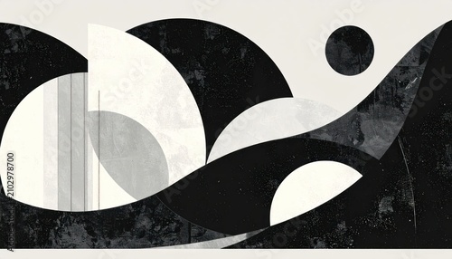 Dynamic black and white wave abstract with circular elements.