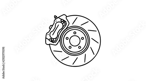 Minimalist hand-drawn vector illustration of a car brake disc with caliper, showcasing a clean outline for automotive design and mechanical concepts, perfect for technical diagrams and vehicle