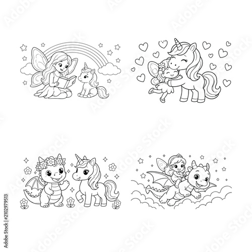 Принти на полотні Cute fantasy animal friends hugging and playing together