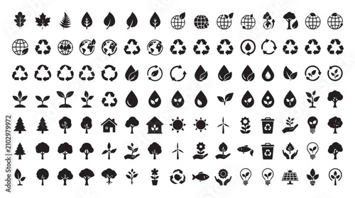 Eco friendly icons set, 112 black silhouette ecology symbols, sustainable environment and recycling vector elements for green energy branding