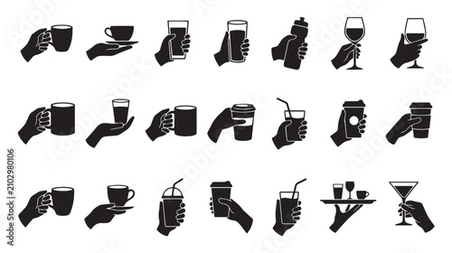 Bild auf Leinwand Minimalist hand holding drink icons, set of 21 black silhouette beverage symbols
