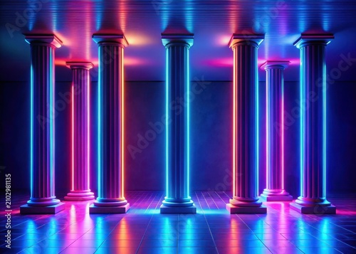 Three tall pillars stand together under vibrant neon lights creating a stunning ambiance