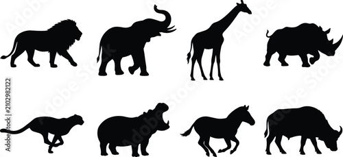 Bild auf Leinwand African safari wild animals vector silhouettes set featuring lion elephant giraf