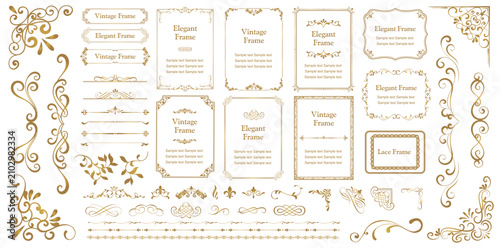 Golden Vintage Frames and Ornamental Borders Set — Elegant Baroque Rococo Design Elements with Flourishes, Dividers, Corners and Swirls for Wedding Invitations