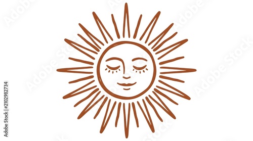 Bold flat vector of an abstract sun face made of simple linework rays radiating from a circular face with closed eyes, solid burnt sienna colour, white background, no text, no brand, modern boho art p