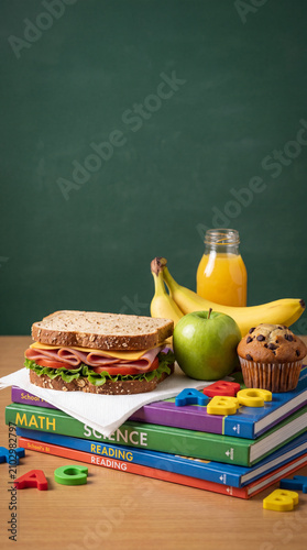 A healthy school lunch with a sandwich, apple, bananas, muffin, juice, and books, set against a chalkboard background.