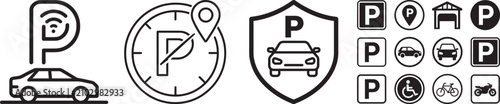 Car parking vector icon set with smart parking location pin security shield and vehicle signs