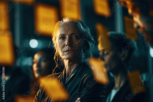 Focused female executive leading a strategic brainstorming session in a modern office, cinematic lighting, business leadership and corporate teamwork concept