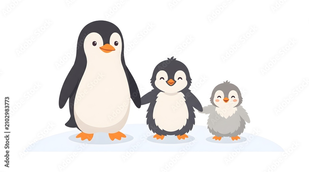 Fototapeta premium Charming flat vector of a penguin family of three standing in a row holding flippers, varying sizes for parent and two chicks, soft black white and orange palette, white background, no text, no brand,