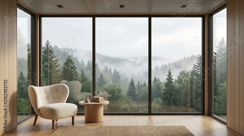 Minimalist living room with panoramic misty forest view