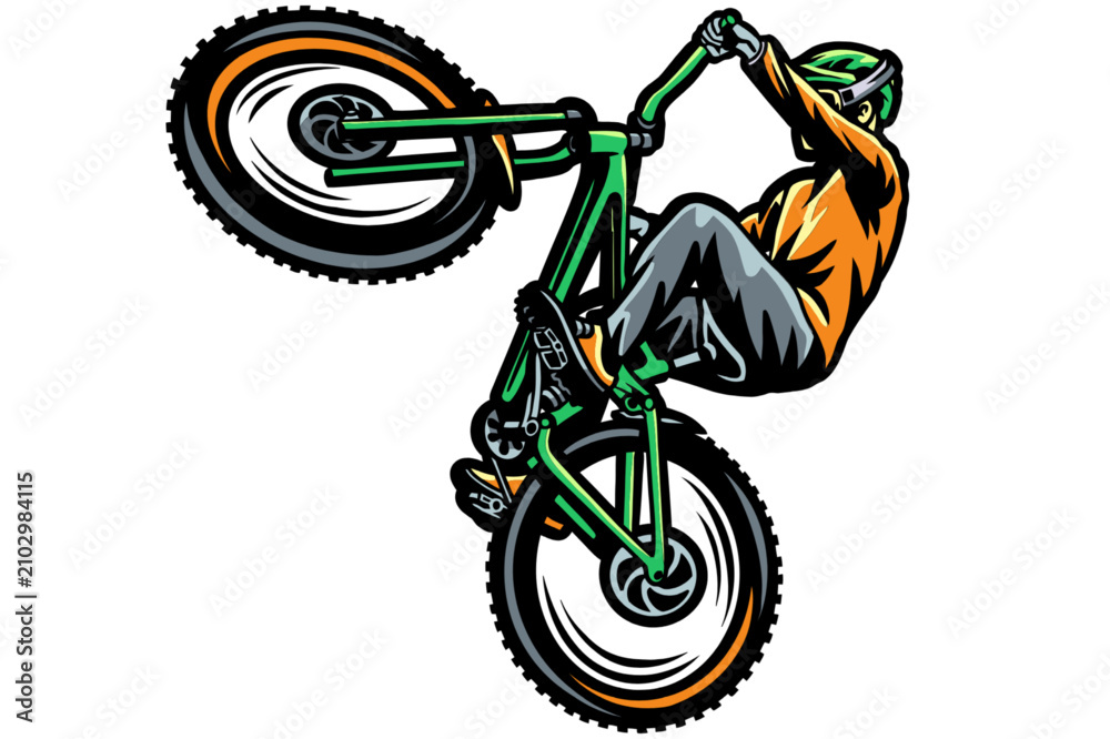 Fototapeta premium Mountain biker performing a wheelie. Cyclist doing extreme stunt on a mountain bike.