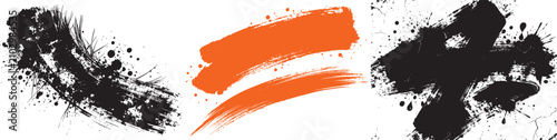Abstract black and orange ink brush strokes with paint splatters vector set for graphic design elements